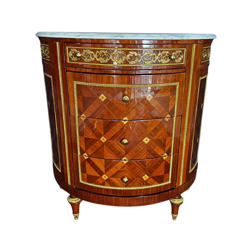 French Louis XVI Style Marble Top Demilune Cabinet