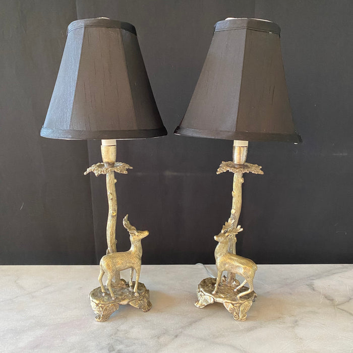 Pair of Silver Plated Bronze Deer Sculpture Table Lamps in the Manner of Valenti