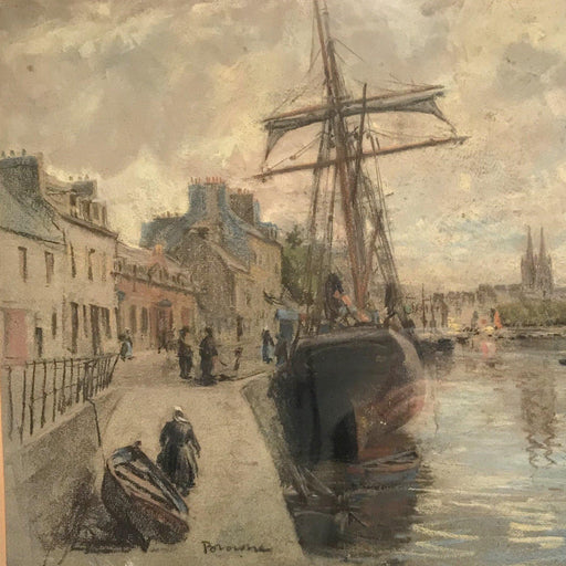 Antique pastel drawing of a ship next to a town