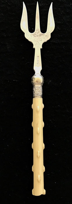 Antique British Bread Fork or Serving Fork with Hallmarks and Carved Twig Handle