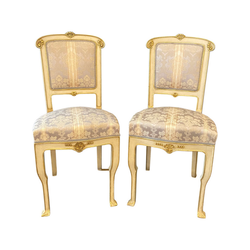 Pair of Italian Gold Gilt and Cream Painted Midcentury Art Nouveau Side, Dining or Accent Chairs