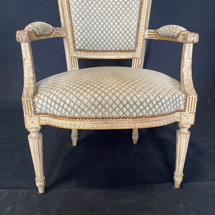 Antique French Louis XVI Style Painted Medallion Back Side Chairs