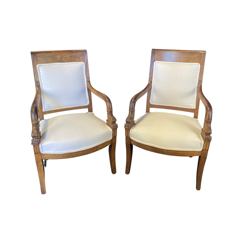 Period French Empire Carved Walnut Armchairs with Intricate Dolphin Armrests