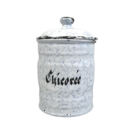 Antique blue and white enamel kitchen canister with lid 