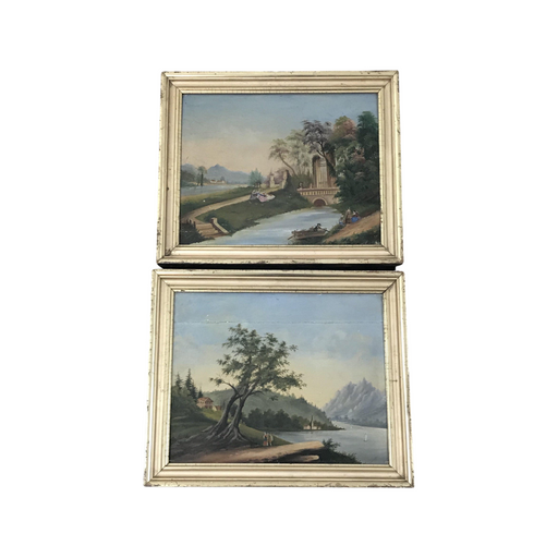 Pair Early Antique European Primitive Paintings on Panel in Lemon Gold Frames