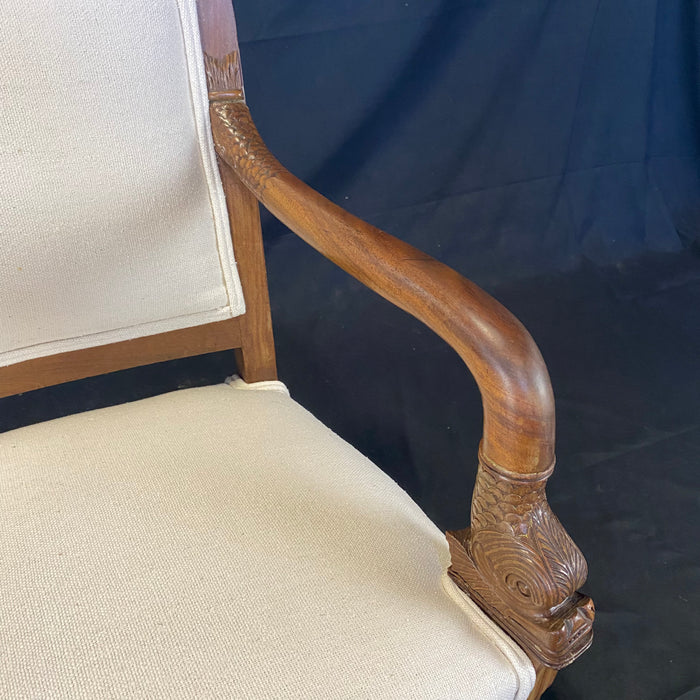 Period French Empire Carved Walnut Armchairs with Intricate Dolphin Armrests