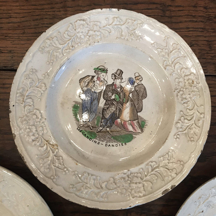 Set of Four French Early 1800s Century plates: Flowers, Boatmen, Dandies and Schoolmaster