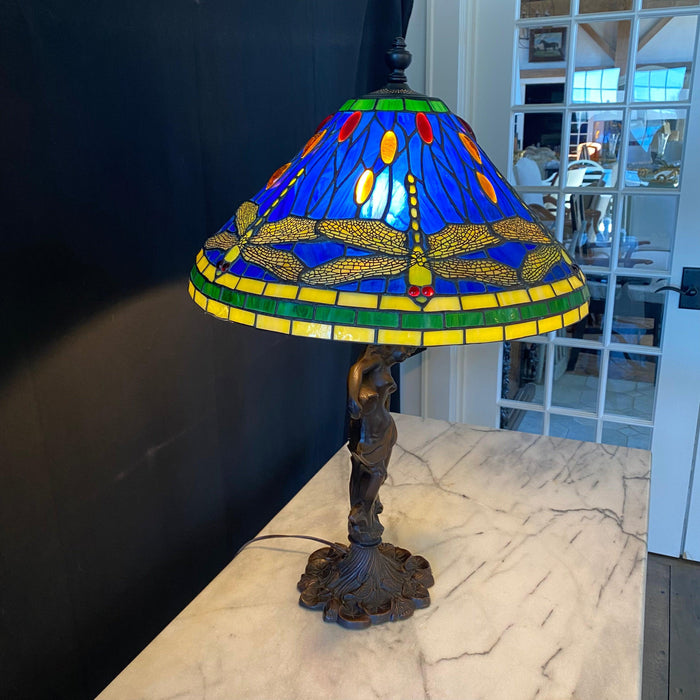 Tiffany Style Art Nouveau Bronze Dragonfly Figural Table Lamp