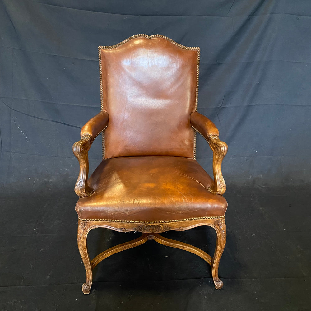 French Carved Wood and Leather Bergere Arm Chair with Nailhead Trim, Mid 20th C