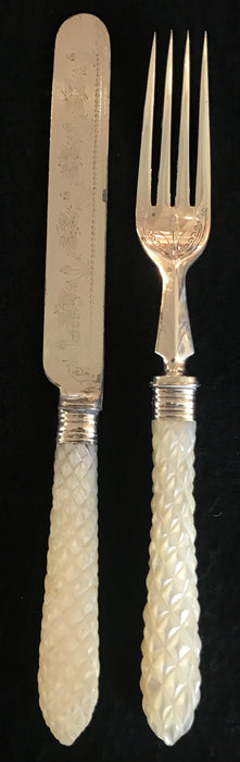Antique silver fork and knife set with mother of pearl handle 