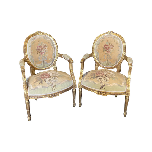 French Early 19th Century Period Pair of Louis XVI Aubusson Tapestry Armchairs
