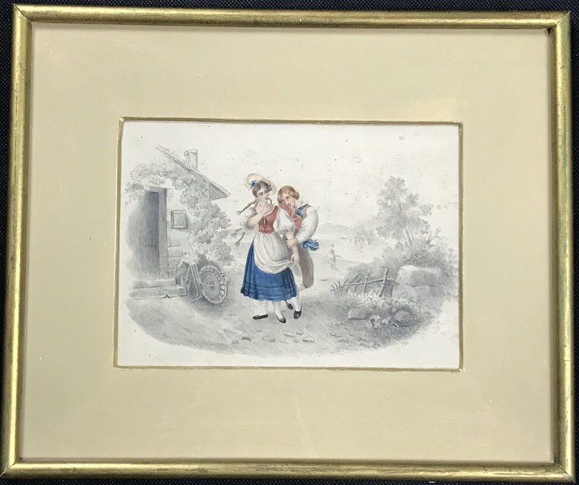 Antique pencil drawing and watercolor painting of a man and a woman 