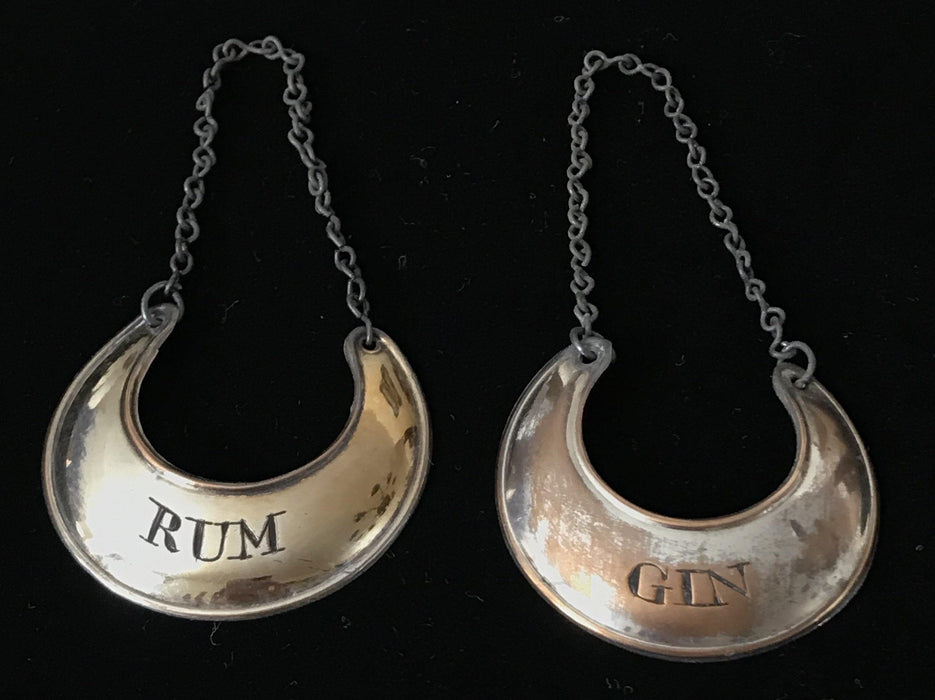 Pair of British 1780 Silver Sheffield Labels: Rum and Gin for sale