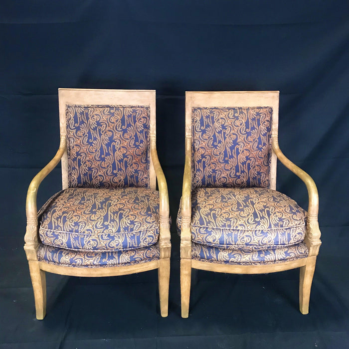 Pair of Antique French Empire Style Armchairs with Carved Arm Dolphins