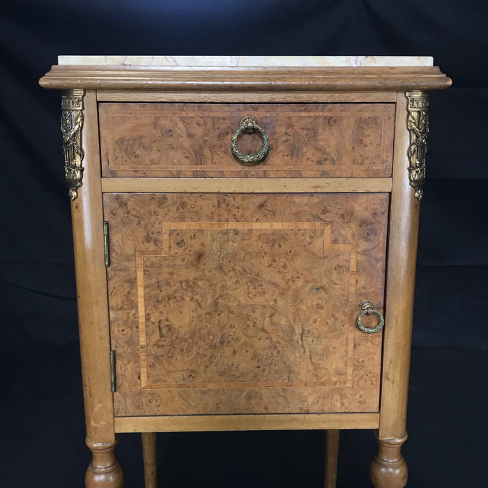 French Marble Top Nightstand, Bedside Table or Side Table with Walnut Inlay and Bronze Pulls