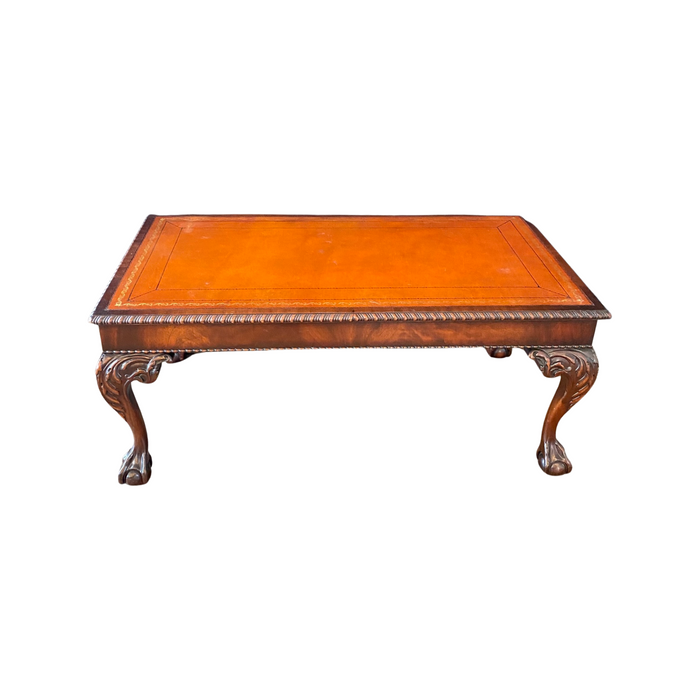 British Style Ball and Claw Foot Mahogany Coffee Table with Embossed Leather Top