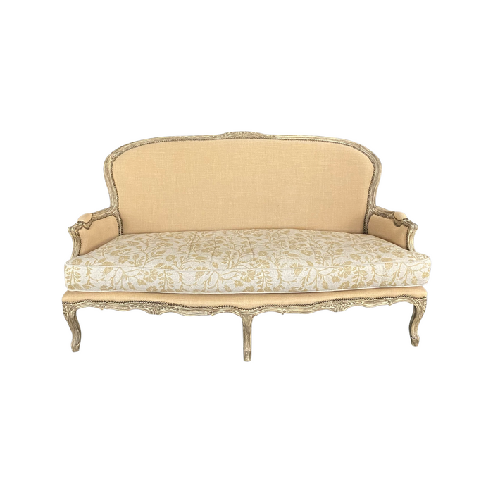 Louis XV Style Loveseat or Sofa with Neutral Contrasting Seat Cushion and Lovely Carved Frame