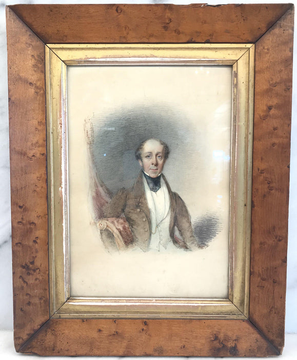 Antique watercolor of a man in a burled wood frame 
