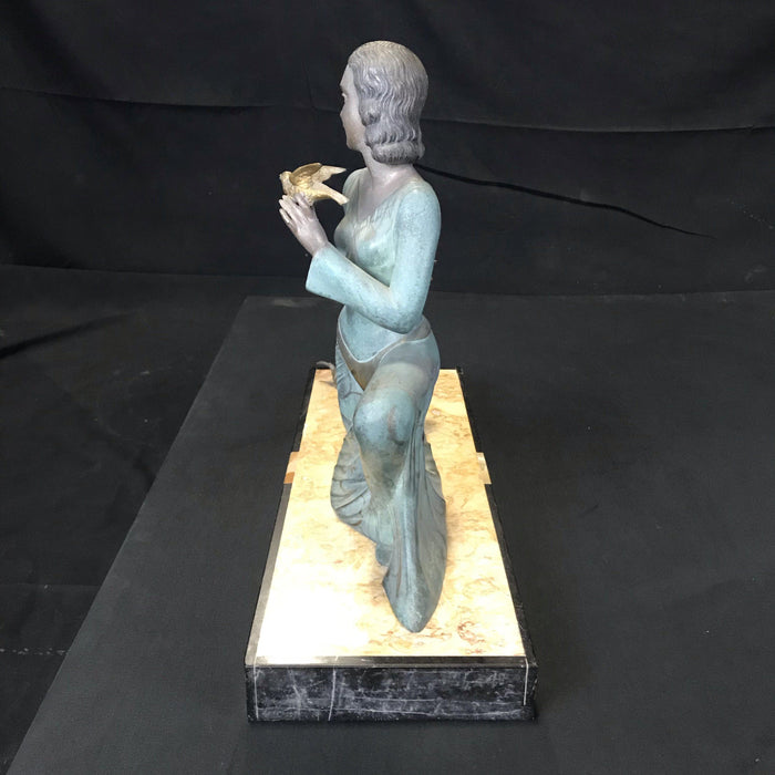 “A Lady with her Birds” French Art Deco Bronze and Marble Sculpture Signed by Listed Artist M. Secondo