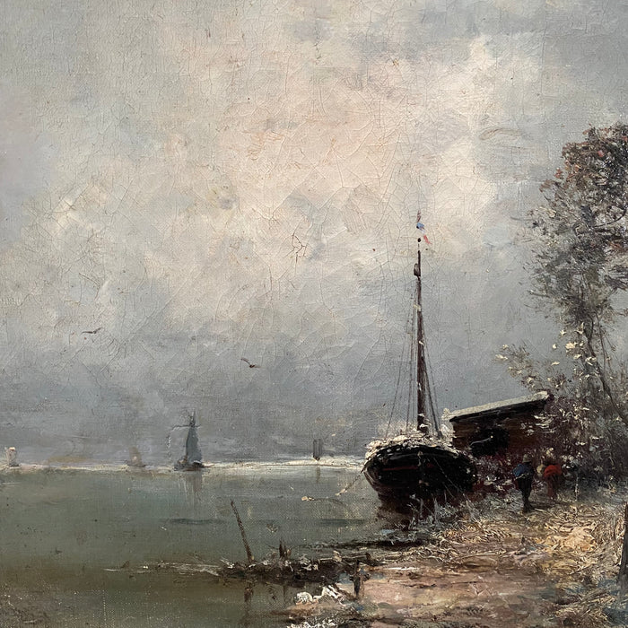 Impressionist Oil Painting by Listed Artist Frank Myers Boggs (1855-1926): Nautical Seaside Setting with Boats