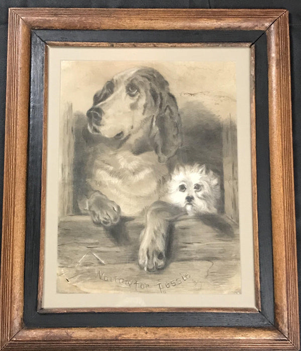 Antique drawing of two dogs in a wooden frame