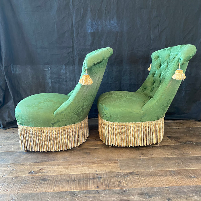 Pair of French Napoleon II Green Silk Tufted Back Slipper Chairs
