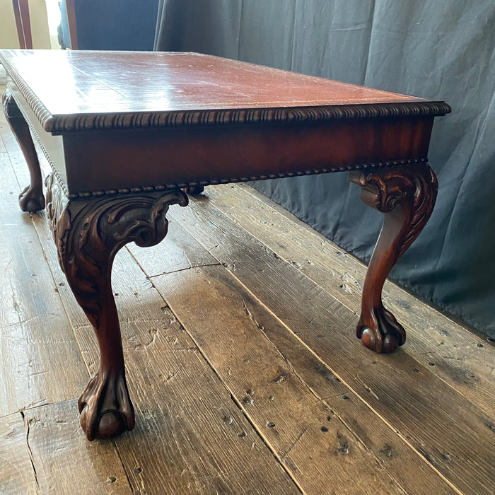 British Style Ball and Claw Foot Mahogany Coffee Table with Embossed Leather Top
