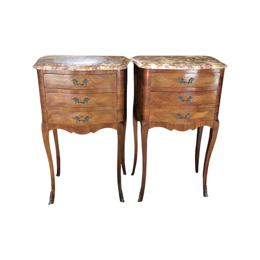 Pair of Louis XV Marble Top Inlaid Walnut and Bronze Nightstands, Bedside Tables or Side Tables