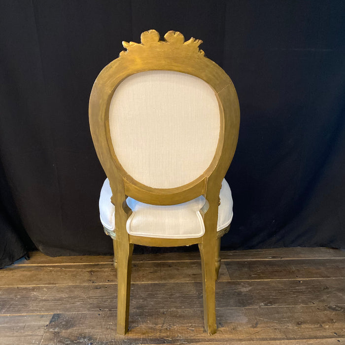 French Louis XVI Style Carved & Painted Bergere Gilt Wood Chairs - Pair