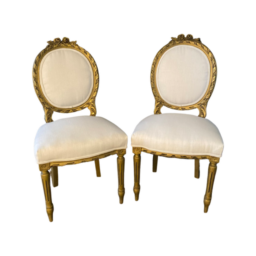 French Louis XVI Style Carved & Painted Bergere Gilt Wood Chairs - Pair
