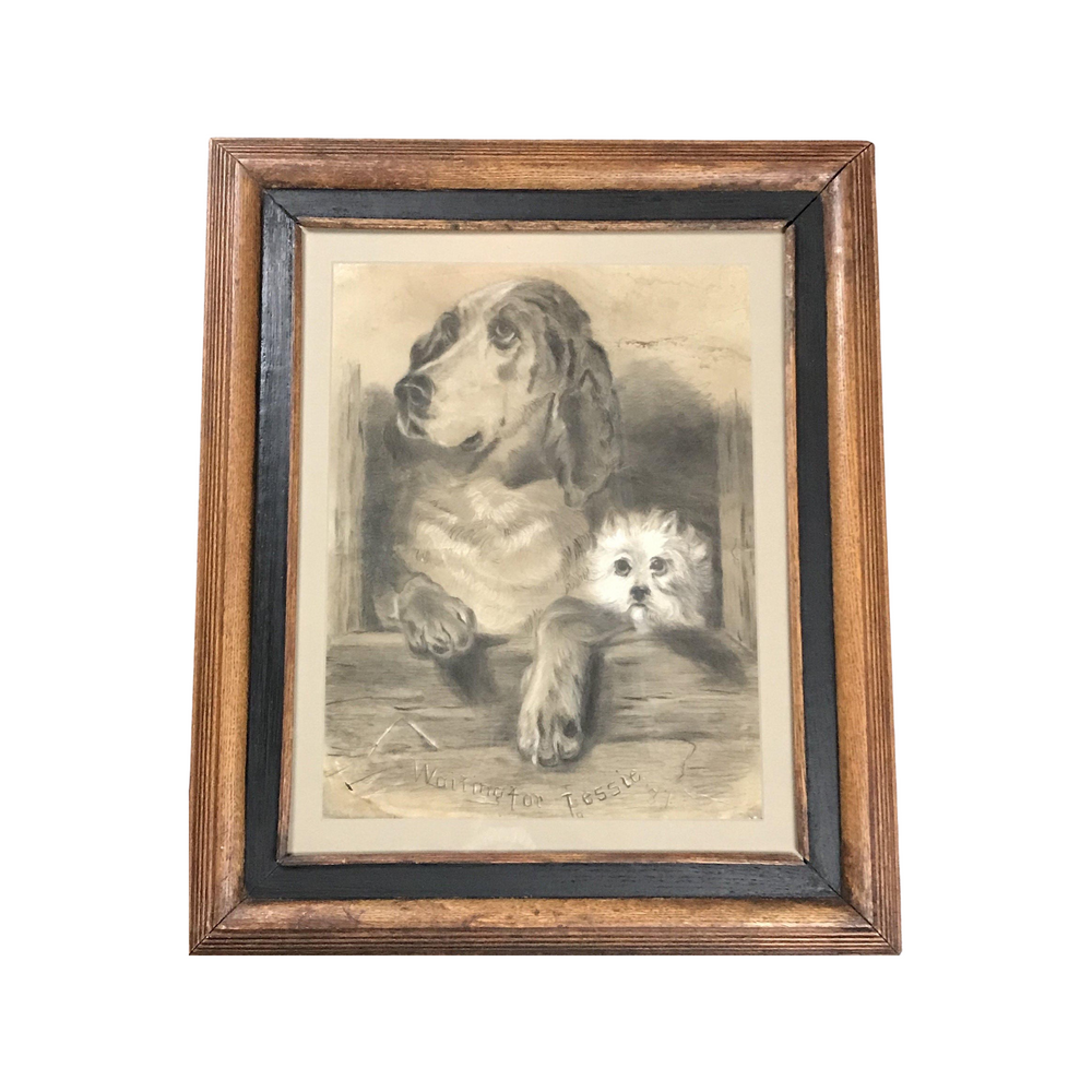 Antique drawing of two dogs in a wooden frame