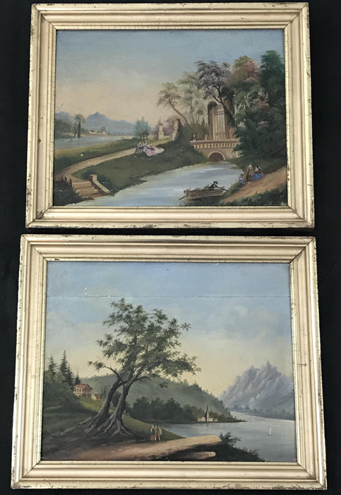 Pair Early Antique European Primitive Paintings on Panel in Lemon Gold Frames
