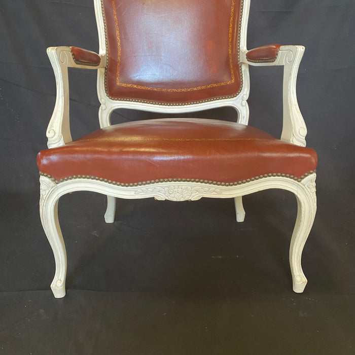 Set of Seven French Louis XV Leather Embossed Armchairs or Fauteuils