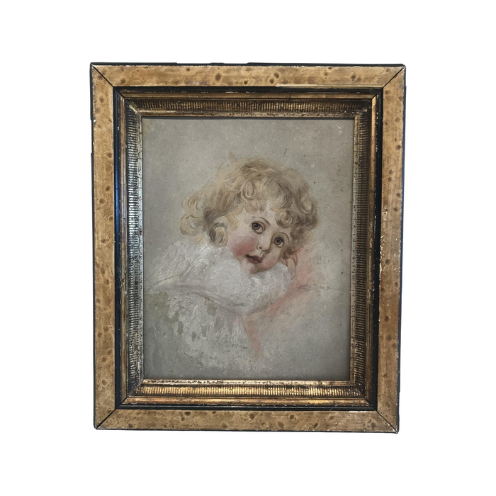 Antique painting of a child in a faux painted wood frame 