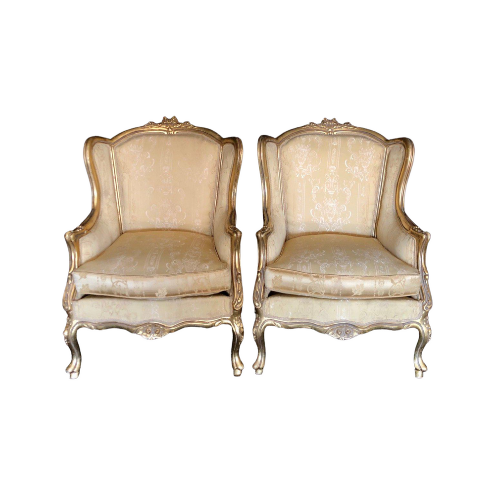 Classic Pair of Louis XV or Hollywood Regency Style Giltwood Armchairs