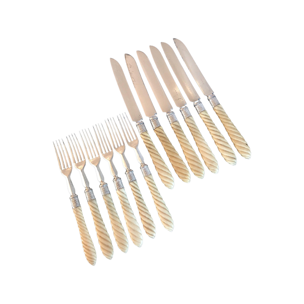 Antique British Set of 12 Silver and Bone Fork and Knife Set