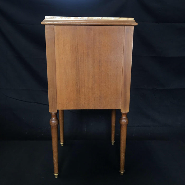 French Marble Top Nightstand, Bedside Table or Side Table with Walnut Inlay and Bronze Pulls
