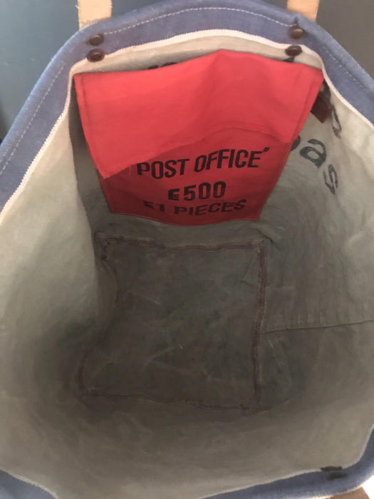 For sale: Purse/Bag made from Vintage Belgian postal bag, leather straps, red British Bank pocket