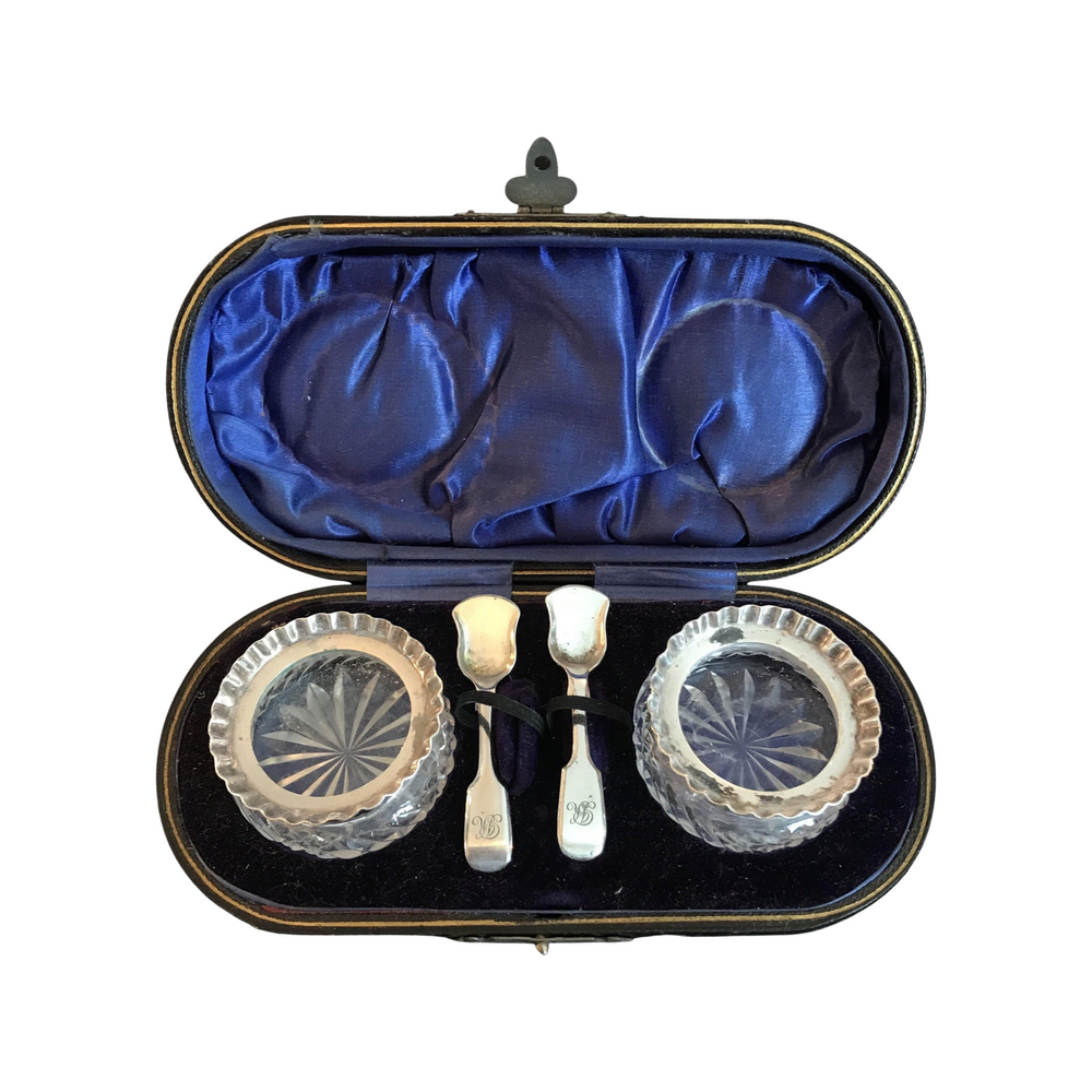 British Silver and Crystal Salt/Pepper with Spoons in Original Leather Case