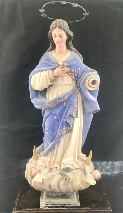 Stunning Antique 4 foot tall Immaculata (Bestows Good Fortune) Santos Figure with Glass Eyes from Pamplona, Spain