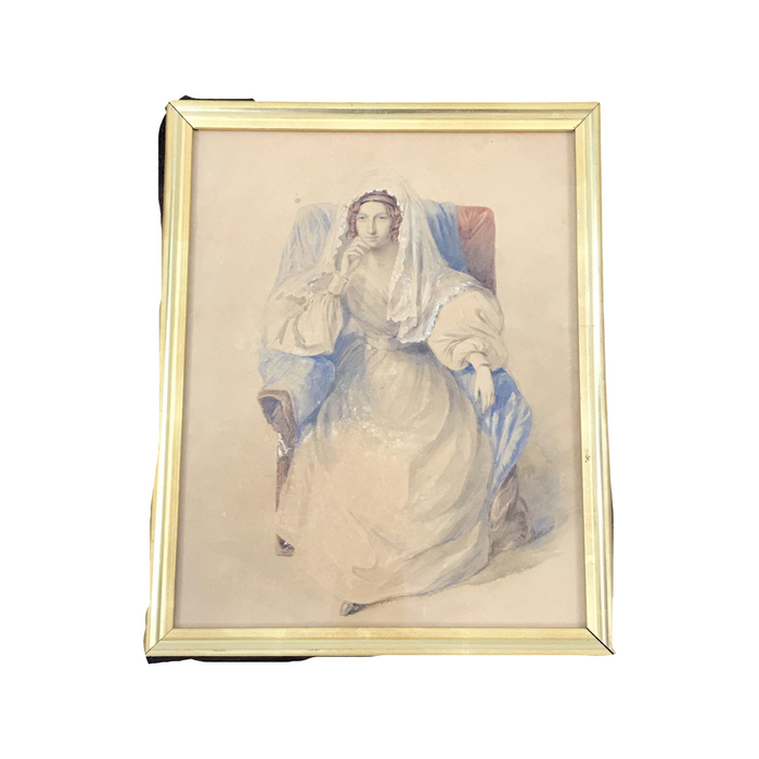 Antique watercolor painting of a women sitting in a chair in a wooden frame