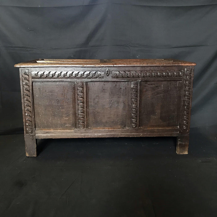 Rare Antique 18th Century Paneled Scottish Coffer Chest with Barley Twist Carving