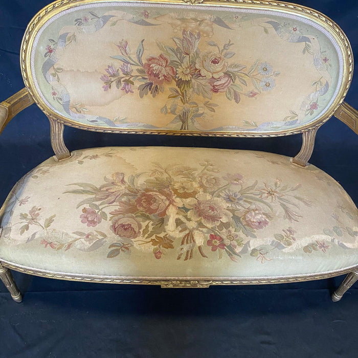 French Early 19th Century Period Set of Louis XVI Aubusson Tapestry Upholstered Sofa and Four Armchairs: 5 Piece Parlor Suite