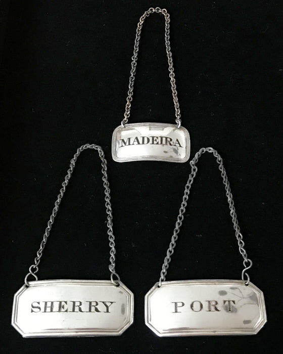 Set of 3 British Silver Sheffield Wine/Liquor Labels circa 1810: Port, Sherry and Madeira for sale