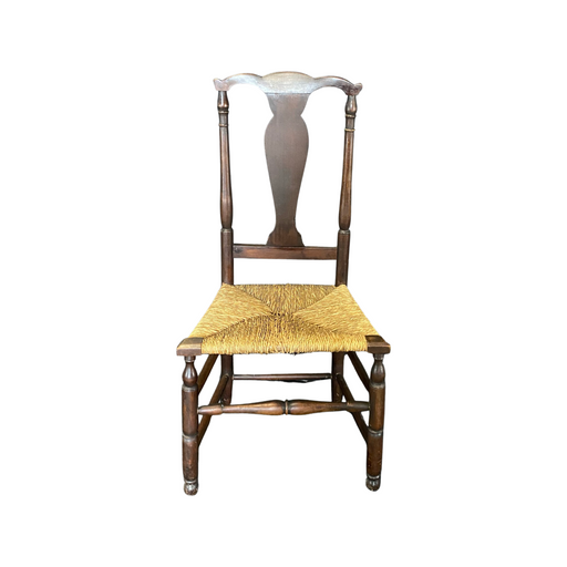 Early American Queen Anne Chair with Rush Seat and Hand Turned Legs and Stretcher