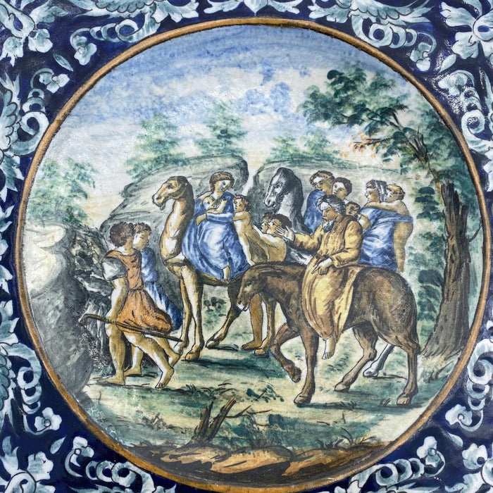 Period Large Italian Majolica Hand Painted Early Large Plate: Blue and Ivory with Gold Accents