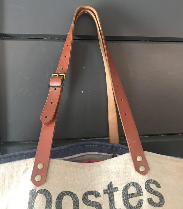 Purse/Bag made from Vintage Belgian postal bag, leather straps, red British Bank pocket to buy