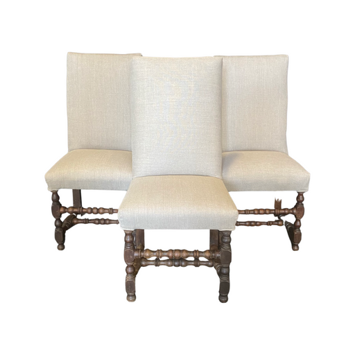 Set of Early French Louis XIII Chairs with Intricate Turnery and New Upholstery (H 41.5")