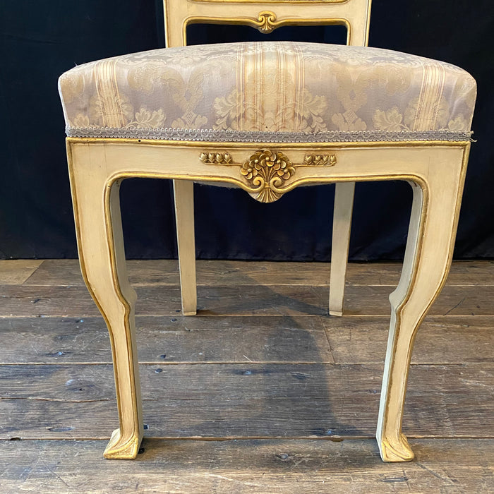 Set of 4 Italian Gold Gilt and Cream Painted Midcentury Art Nouveau Side, Dining or Accent Chairs
