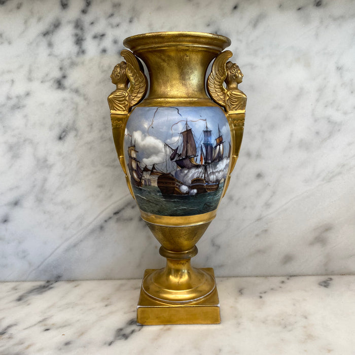 French Hand Painted Gold Gilt Vase Depicting Ships in Battle and Coat of Arms